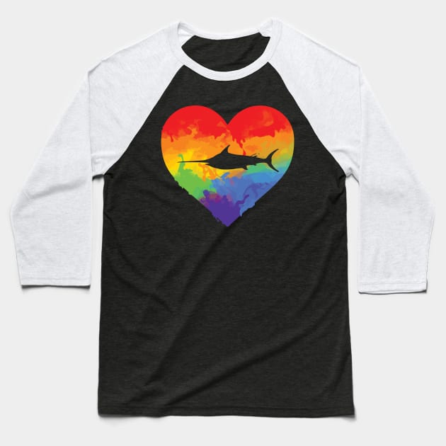 Swordfish Watercolor Art Rainbow Heart for Swordfish Lover Baseball T-Shirt by jkshirts